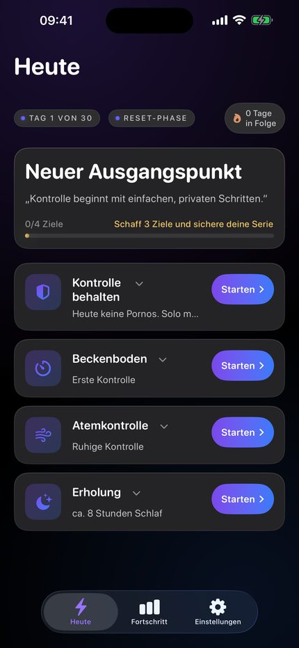 Der Heute-Bildschirm: Tag 1 von 30 mit vier Tageszielen.