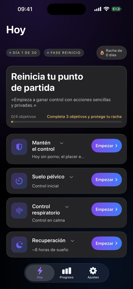 La pantalla Hoy: día 1 de 30 y los cuatro objetivos del día.