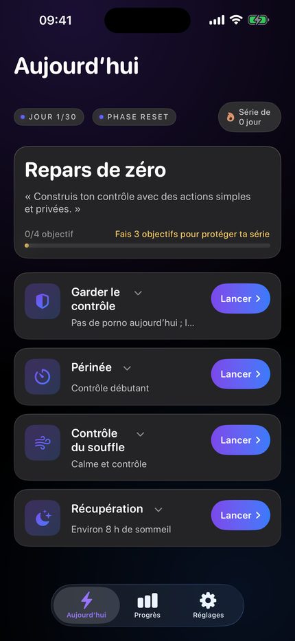 L'écran Aujourd'hui : jour 1 sur 30 et les quatre objectifs du jour.