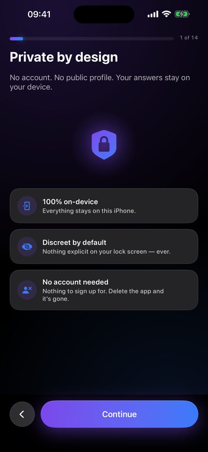 The privacy screen explaining that assessment answers and progress stay on the device.