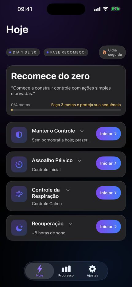 A tela Hoje: dia 1 de 30 e as quatro metas do dia.