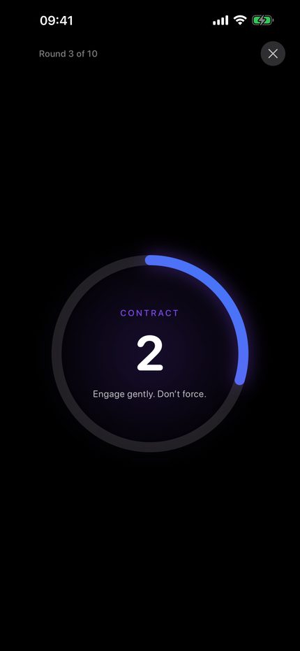A pelvic floor session mid-round: a countdown ring reading CONTRACT, round 3 of 10, with the cue 'Engage gently. Don't force.'